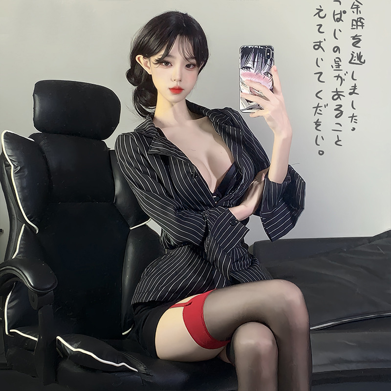 Yujie Cougar Women's Suit Sexy Striped Jacket Tight Waist Slim Shirt cosplay Secretary Uniform Sexy Underwear