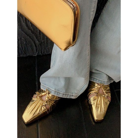French Niche Design Sense Square Head Hollow-out Pleated Half-Slip Metal Buckle Baotou Slippers Women's Summer Sandals
