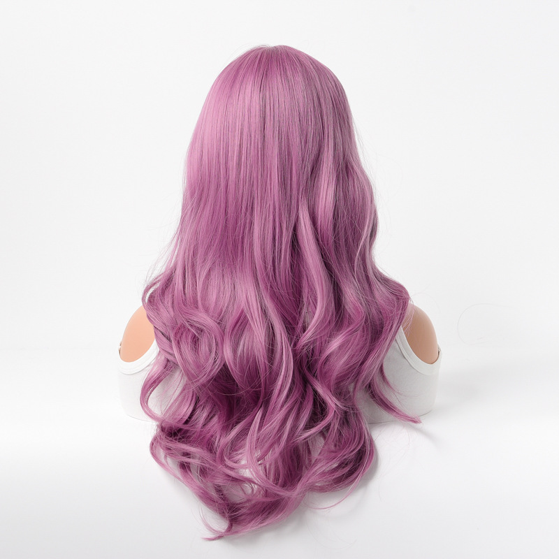 perruque femme cheveux longs bouclés frange violet marron tendance fibre chimique tête complète_voghion.com
