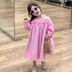 童裝女童連衣裙2024春裝洋氣粉色長袖大裙擺童裙甜美棉布公主裙