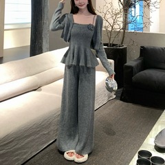 2025法式高级感针织三件套女秋冬同色系吊带开衫阔腿裤套装批发