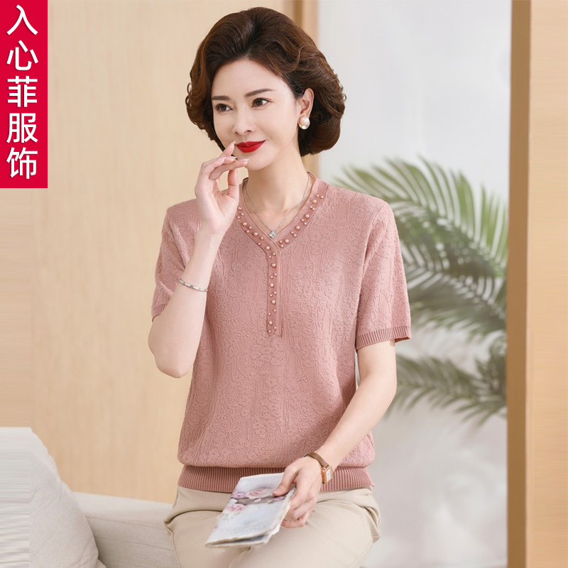 Young mother summer new ice silk shirt short sleeve t-shirt middle-aged and elderly women's clothing fashion suit mother's day clothes