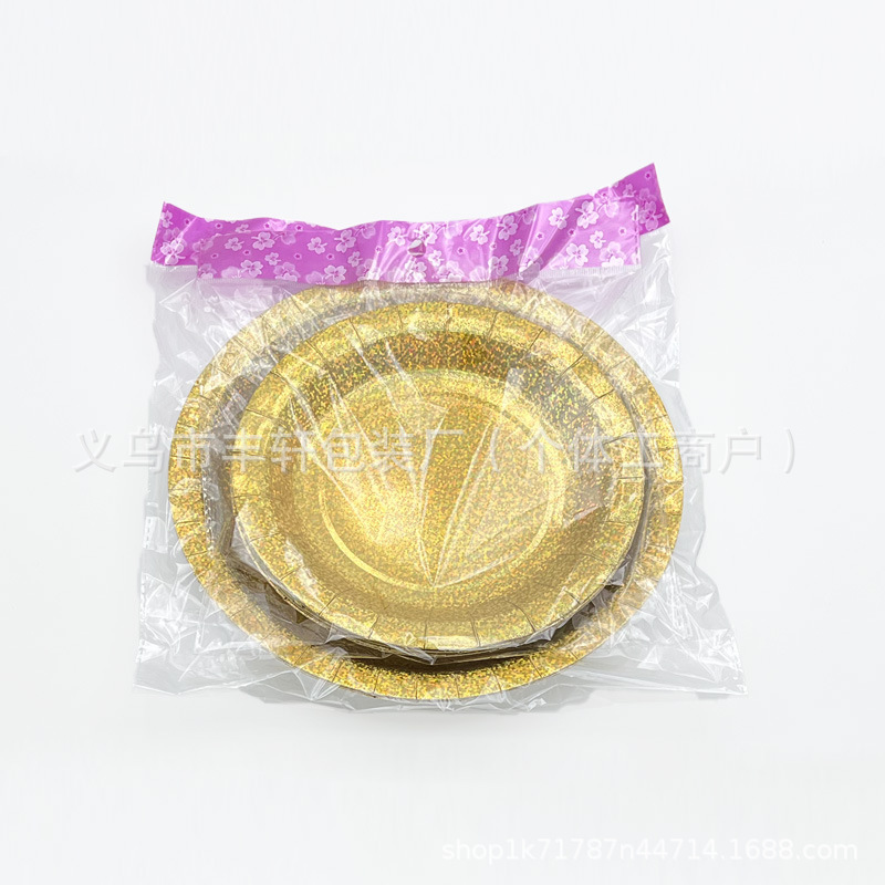 Dorado estampado cubiertos desechables tazas de papel bandejas de papel mantillas de mesa para la decoración de artículos de fiesta estampado oro