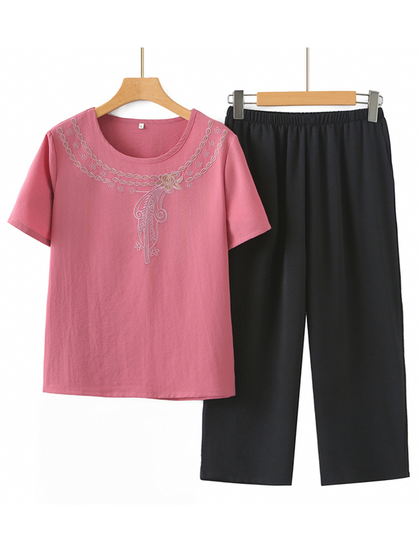 100kg Plus Size Women's Clothing for Middle-Aged and Elderly Mothers Summer 2025 New Round Neck T-Shirt Women's Short-Sleeved Grandma Summer Suit Trendy