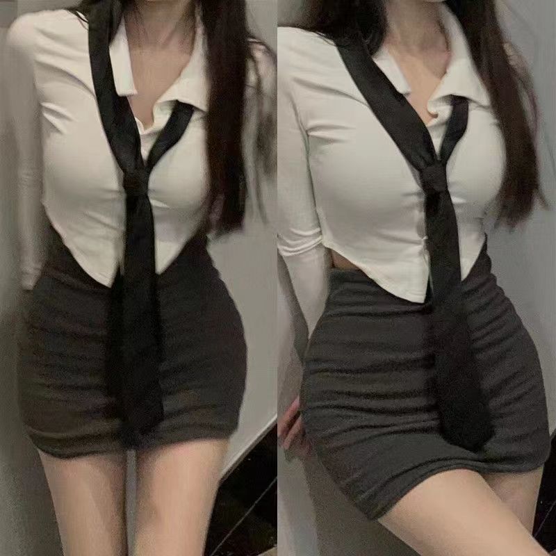 가을 세트 순수한 소원 허리 흰색 셔츠 여성용 슬림 슬리밍 스파이스 소녀 탑 긴팔 셔츠 반 엉덩이 스커트