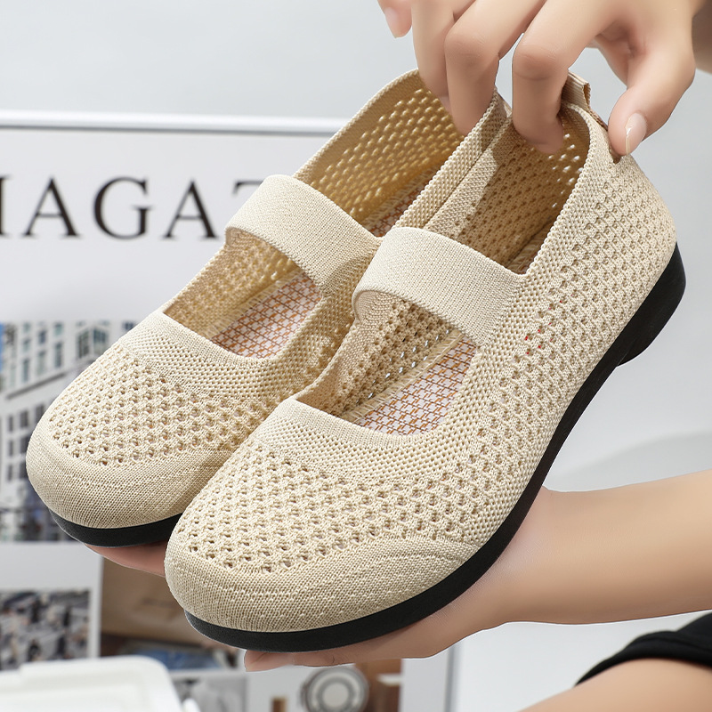 Zapatos de mujer, zapatos de malla transpirable huecos de verano, zapatos cómodos sin cordones para mamá, zapatos casuales versátiles de color liso, venta al por mayor para comercio exterior
