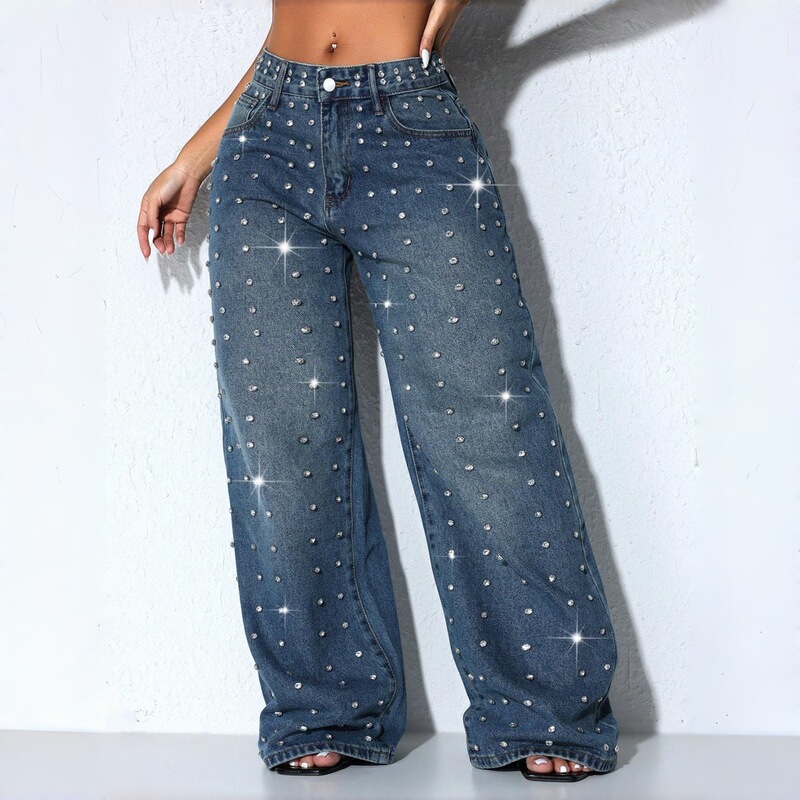 European and American cross-border foreign trade Amazon TEMU SHEIN women's wide-leg loose rhinestone Y2K style jeans European and American cross-border foreign trade Amazon TEMU SHEIN women's wide-leg loose rhinestone Y2K style jeans