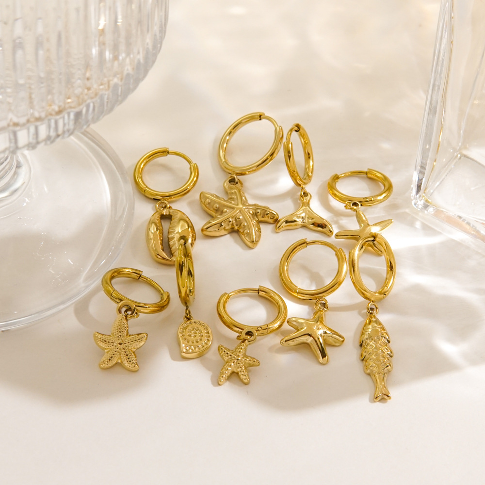 304 Stainless Steel Ear Needle Material 14K Gold, Real Gold Plated Plating Material PVD Coated 14K Gold Real Gold Plated Tortoise Starfish Shell 304 Stainless Steel Beach Waterproof Non Tarnish Charm Sleeper Hoop Earrings Earrings
