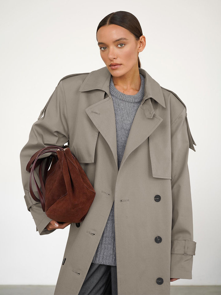 Áo khoác trench coat nữ dáng dài phong cách Âu Mỹ, chất liệu cotton, form rộng có dây thắt eo — Màu kaki, màu xám chi tiết 44