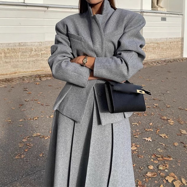 现货2024秋冬新款欧美跨境时尚套装女装收腰小西服长款半裙两件套