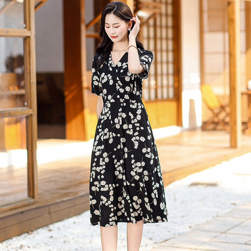 高端棉绸连衣裙新款夏季女妈妈时尚印花人造棉宽松大码外穿长裙子|undefined