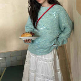 女童蝴蝶结套装裙子春秋2025新款儿童毛衣打底衫蛋糕裙甜美超好看