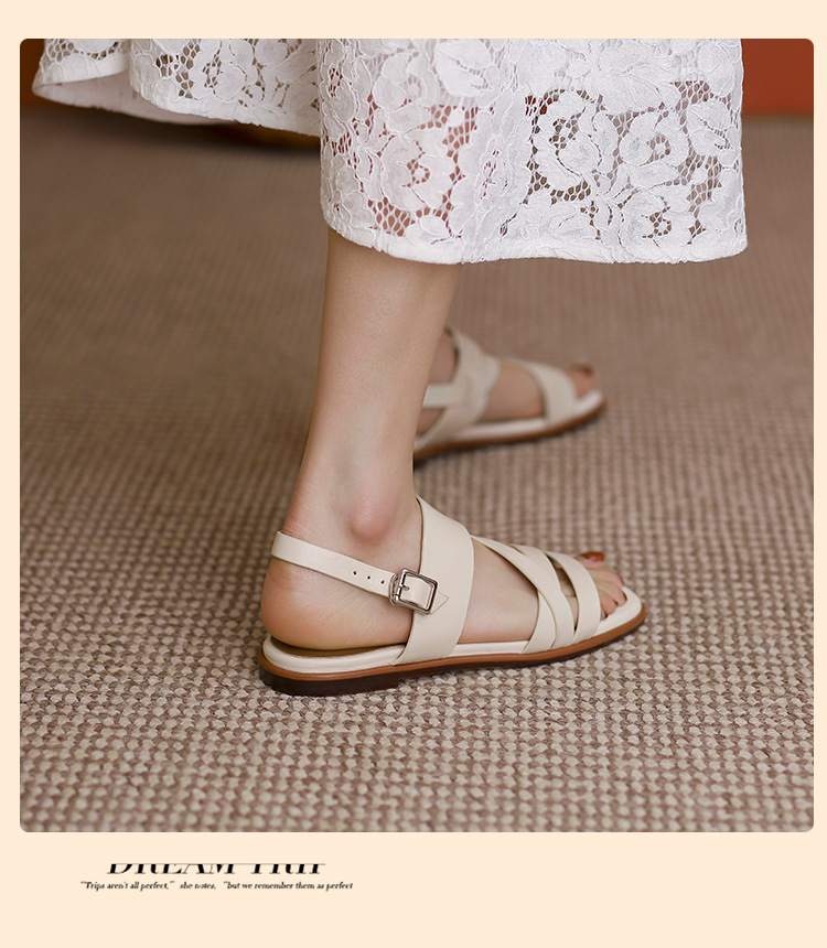 Sandal nữ quai ngang mảnh hở mũi đế bệt phong cách La Mã — Màu be chi tiết 9