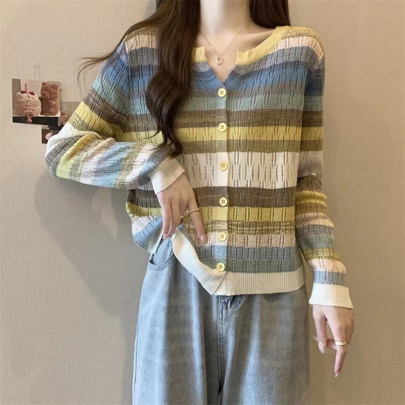 直播批发彩色条纹针织衫秋季显瘦长袖镂空毛衣彩虹开衫宽松外套|undefined