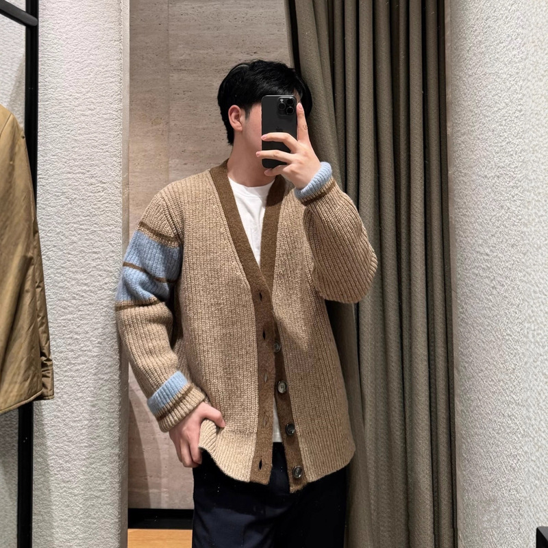 Correct Version of the Original Am Heart Towel Embroidered V-Neck Striped Knit Cardigan Casual Versatile Sweater Unisex