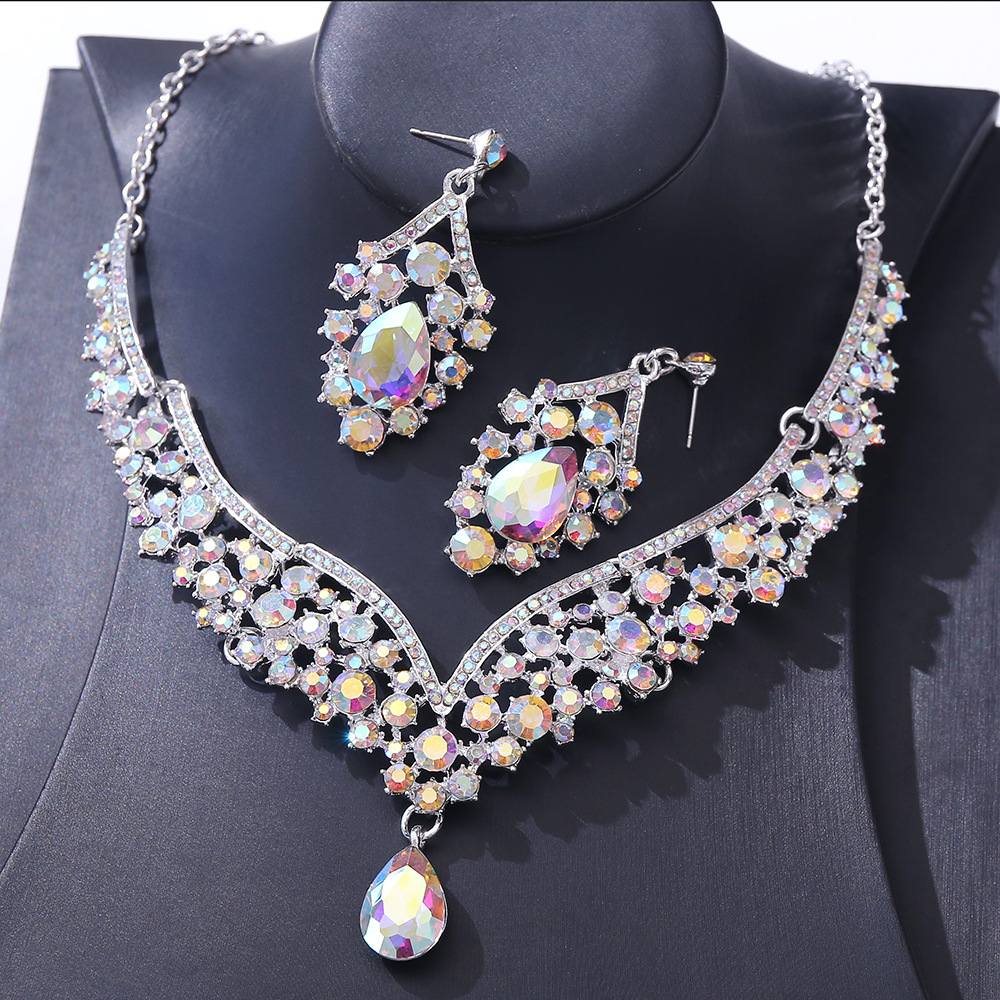 1 Set Quantity 1 Set Elegant Water Droplets Alloy Rhinestone Women's Earrings Necklace