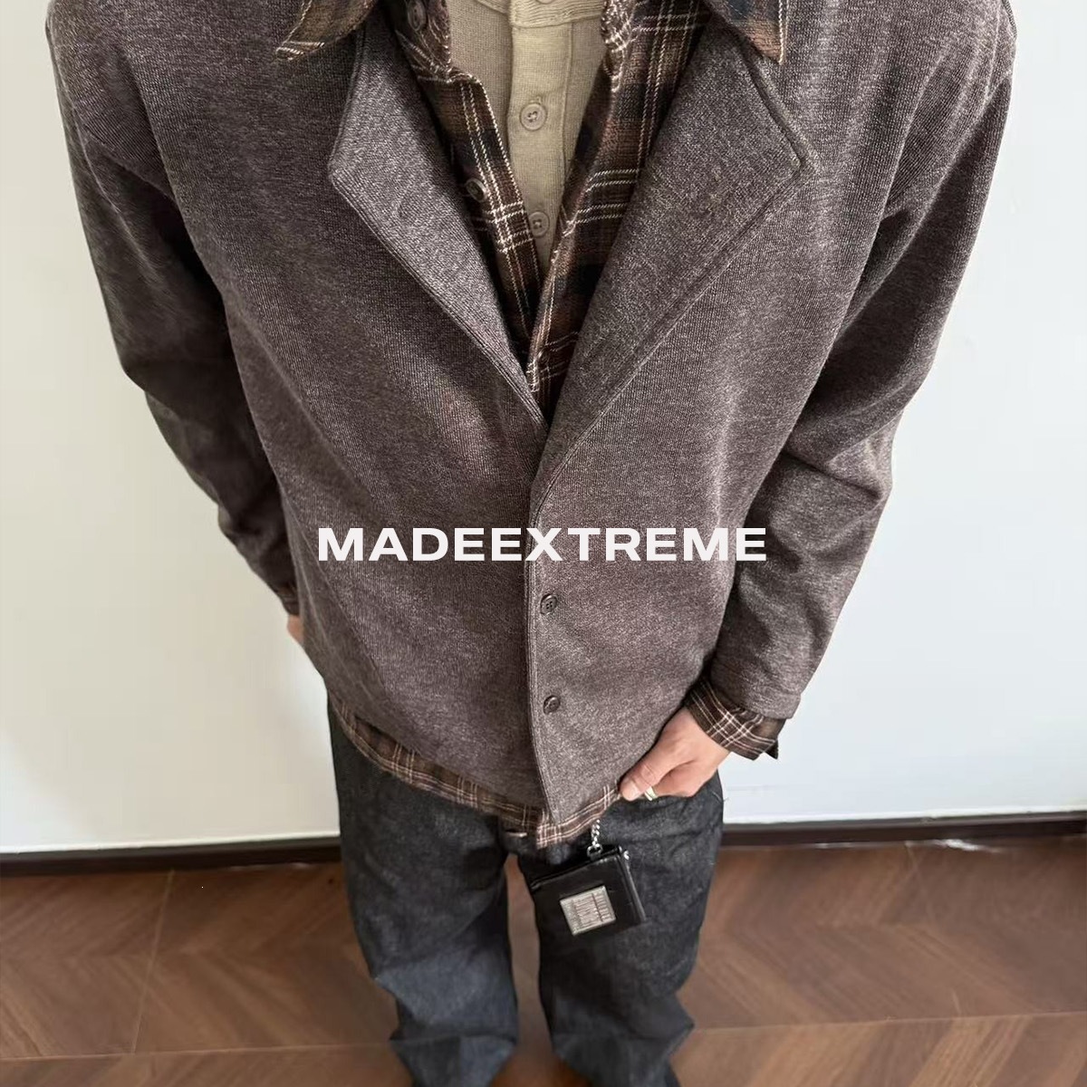 EME 秋季假两件外套拼接老钱风人夫感衬衫领格纹休闲上衣男女现货