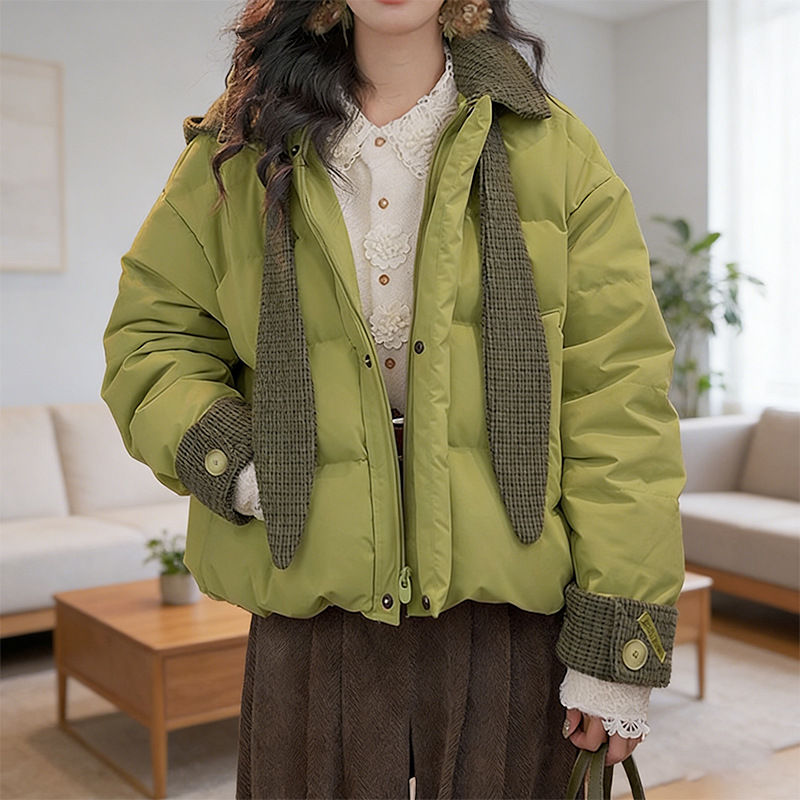 2025冬季新款格纹连帽棉服女设计兔耳朵宽松显瘦加厚保暖减龄棉衣