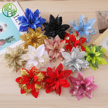 跨境银粉色圣诞花一品红仿真花圣诞树装饰圣诞节婚礼花环配件厂家