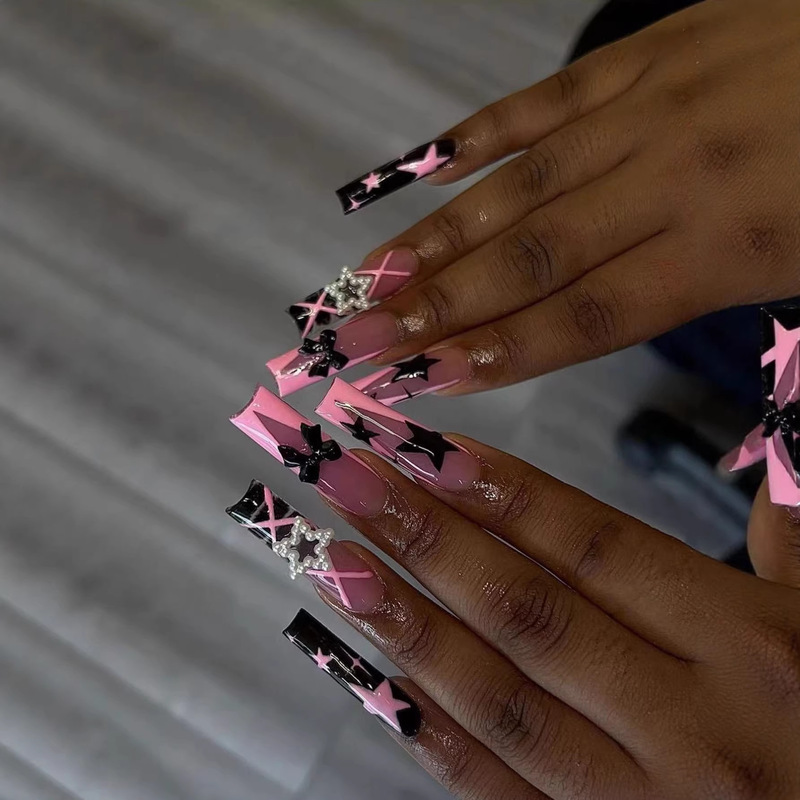 Cross-Border European and American Style Long Water Pipe Patch Design Ins-Style Dark Series Fake Nails, Removable Press-On Nails, Wearable Nails