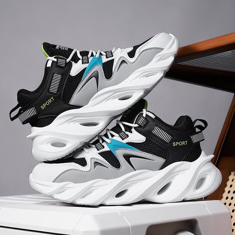 Giày thể thao nam cỡ lớn đế dày tăng chiều cao, thân lưới thoáng khí, kiểu dad shoes chạy bộ — 2607 màu đen, 2607 đen trắng xám, 2607, màu đen, trắng và đỏ