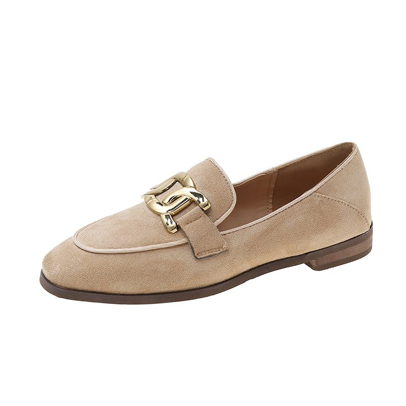 Flat Single For Women 2024 Spring New French Style Horsebit Loafers Low Heel Suede Slip-On Casual Shoes_vogvips.com