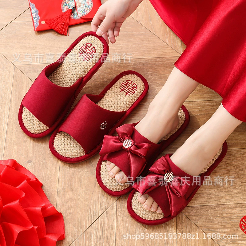 Свадебные тапочки для новорожденных, льняной стиль для невесты и жениха, праздничные красные пары, летние доступные роскошные высококачественные тапочки