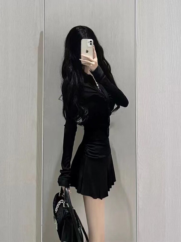 纯欲收腰褶皱短款衬衫连衣裙女秋季美式运动风polo领收腰减龄伞裙|undefined
