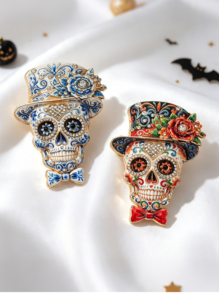 Original Mexican Day of the Dead skull brooch, top hat, rose, diamond-encrusted enamel, gothic style, unisex coat decoration pin