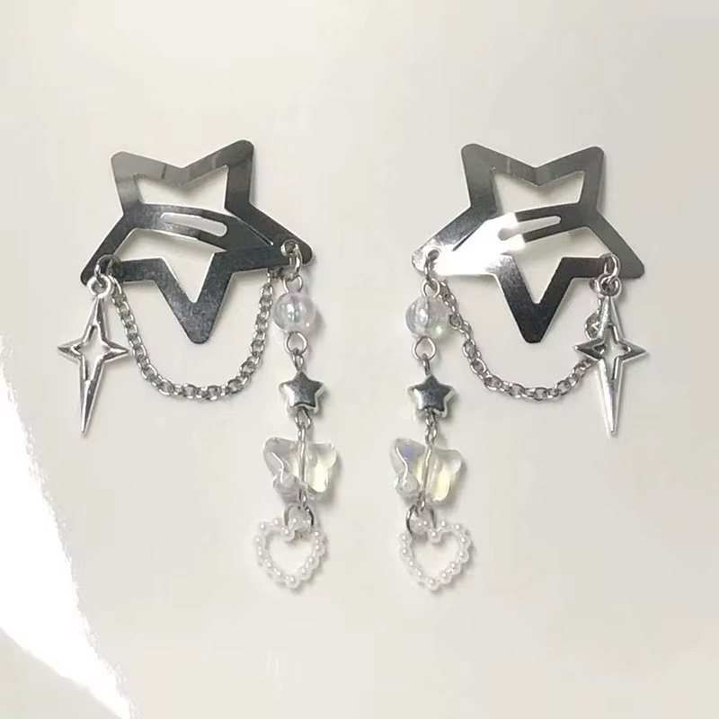 Silver Fine Glitter Dopamine Sweet Cool Pearl Five-Pointed Star Tassel Hairpin Oil Drop Bb Clip Pendant Chain Side Clip