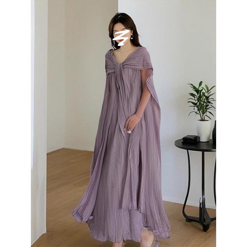 Miyake Pleated Purple Dress Women's French Style One-Shoulder Evening Dress High-End Tube Top Pleated Fairy Skirt