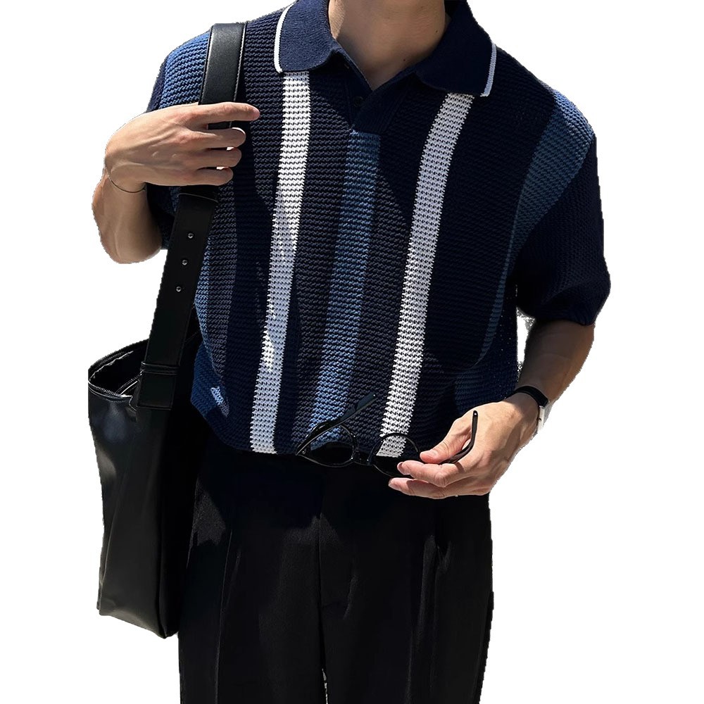 POLO camisa solapa suéter de manga corta hombres rayas huecas negocios británicos verano hielo seda marea comercio exterior transfronterizo al por mayor