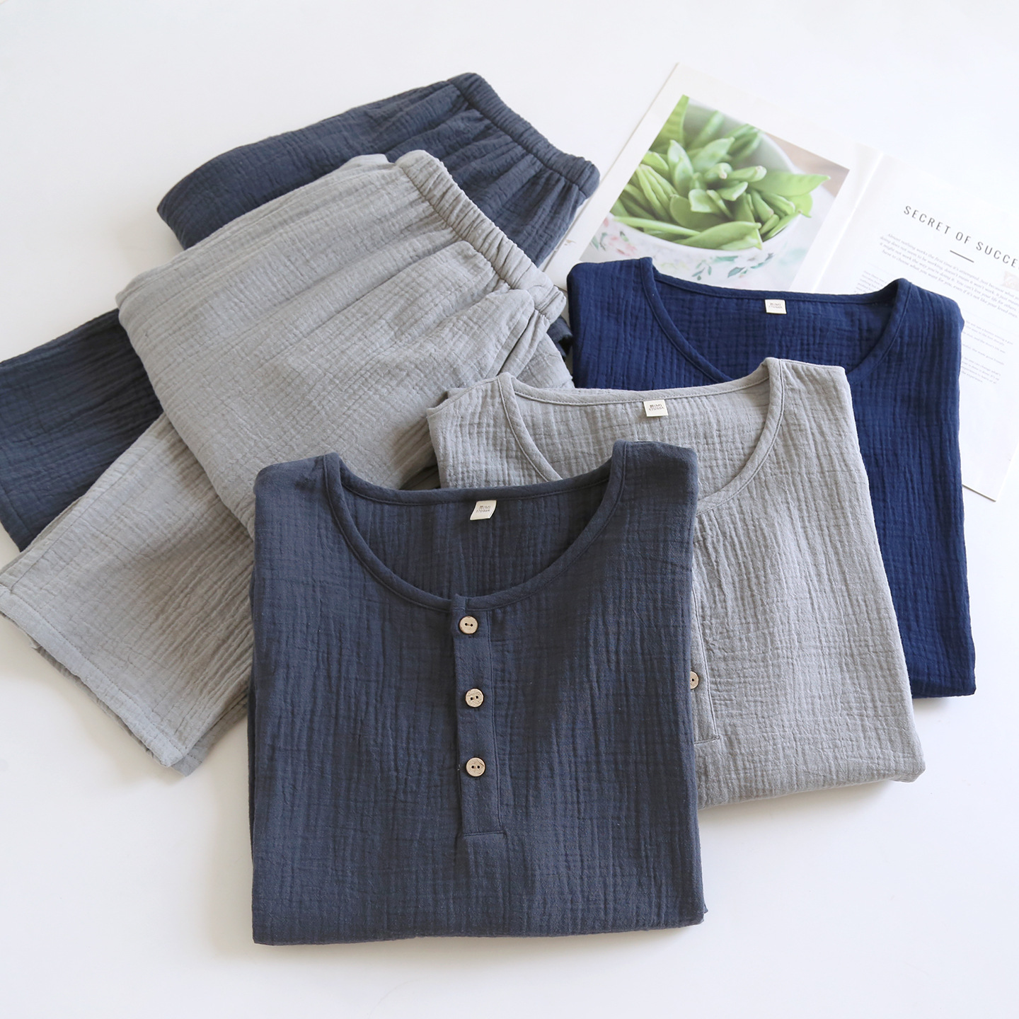 Japanese-Style Muji Pullover Pajamas for Men, Large Size 100kg, All-Cotton Gauze Long-Sleeve and Long-Pants Solid Color Loungewear Set