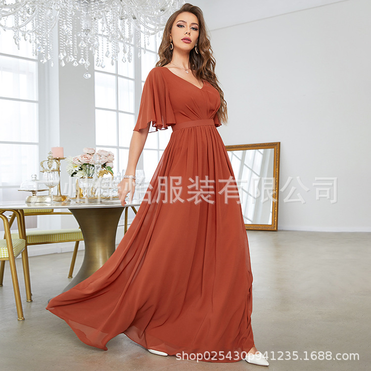 European and American Style Evening Dress New Mid-Sleeve Casual and Elegant V Neck Sweetheart Chiffon Dress Ebay Factory Direct Supply