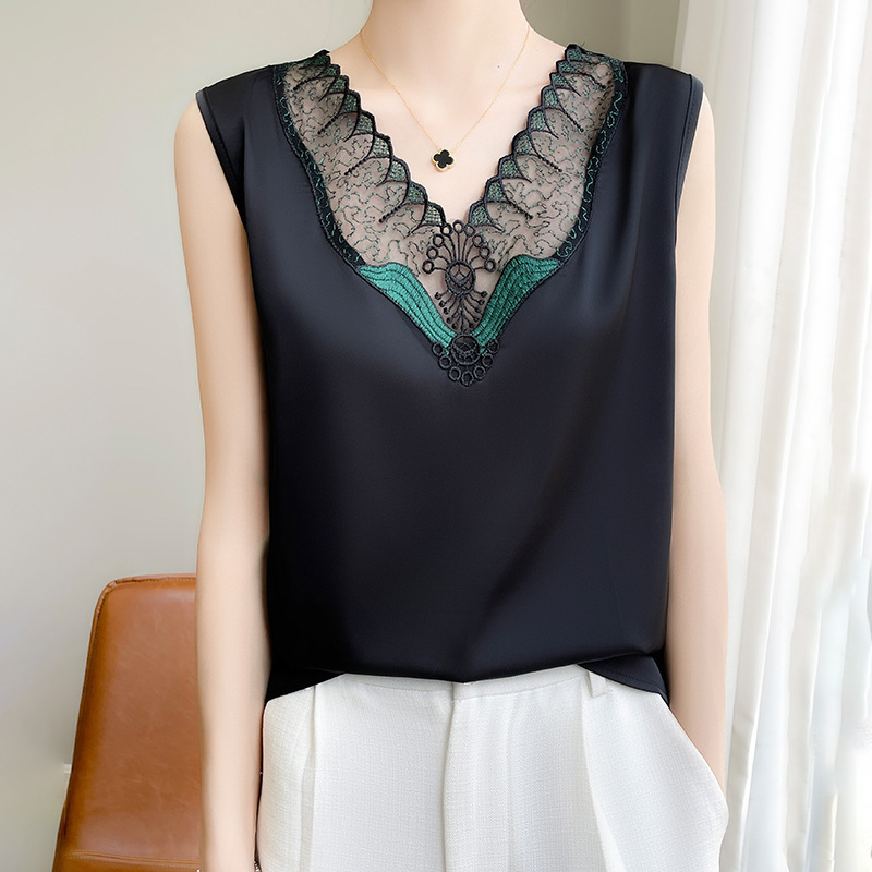 Silk Satin 2026 Spring/Summer New Women's V-Neck Sleeveless Tank Top T-Shirt with Mesh Patchwork Loose Camisole