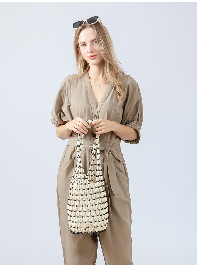 Women's Medium Wooden Beads Polyester Cotton Color Block Basic Vacation Open Straw Bag display picture 5