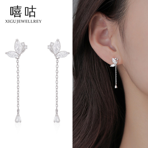 Xigu E1183 S925 silver small fresh butterfly diamond tassel earrings feminine forest style sweet earrings