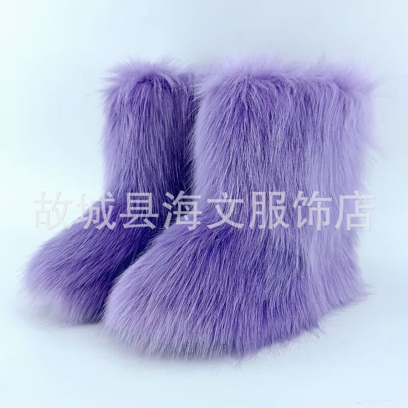 欧美跨境辣妹y2k毛毛靴子女冬季保暖时尚靴中筒靴大码平跟雪地靴|undefined