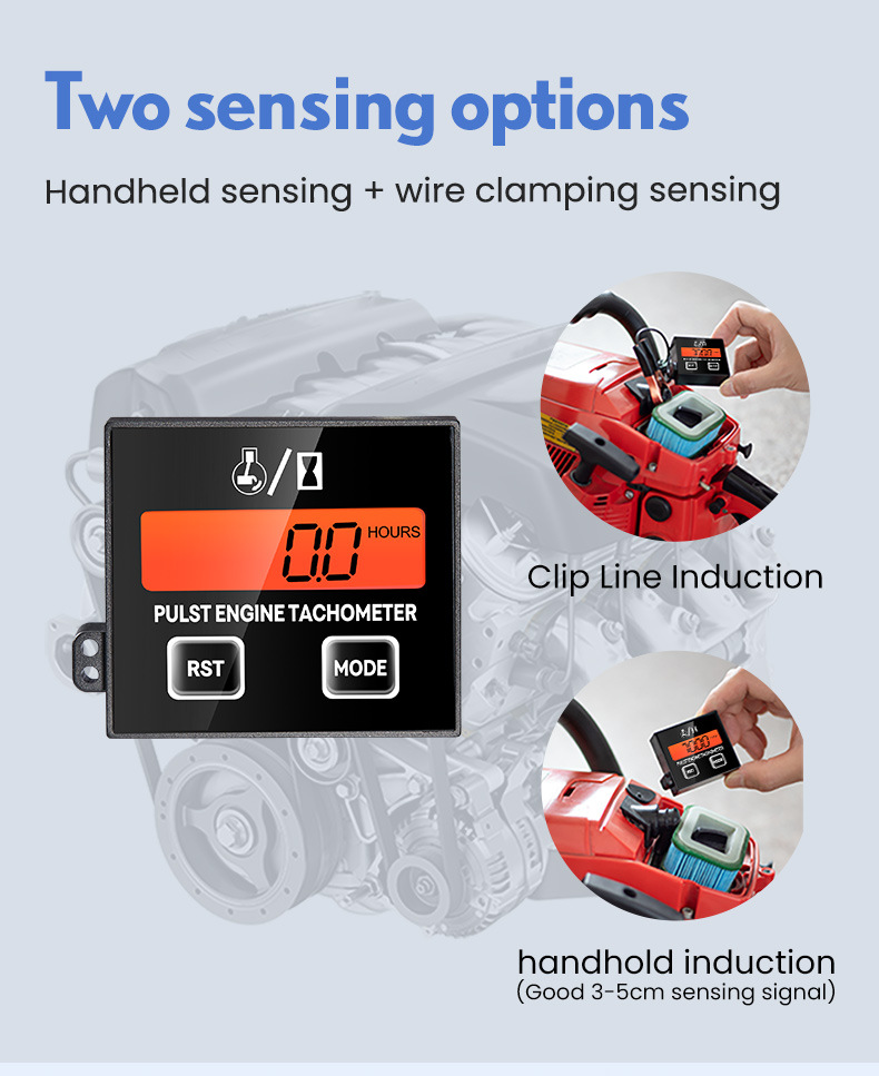 Inductive digital display tachometer for 2-stroke and 4-stroke engines, lawn mower oil accumulation timer tachometer