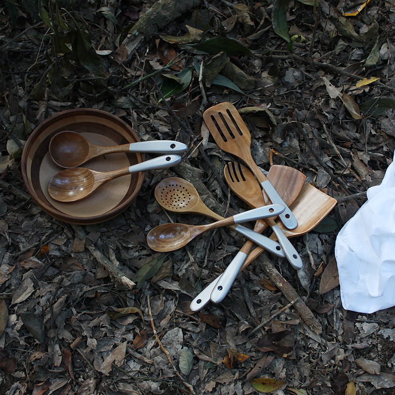 相思木烹飪鏟勺8件套裝沙拉勺叉攪拌勺銀色手柄鍋鏟牛排煎鏟木鏟