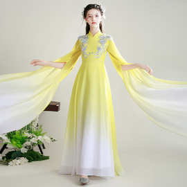 儿童礼服大合唱演出服中国风连衣裙舞蹈飘逸服装渐变黄色女童汉服