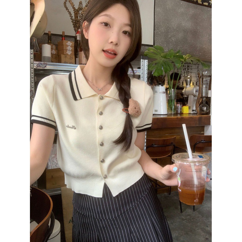 Temperament Fashionable Preppy Style 2025 Summer New Preppy Style Short-Sleeved Knitwear Age-Reducing Versatile Chic Top