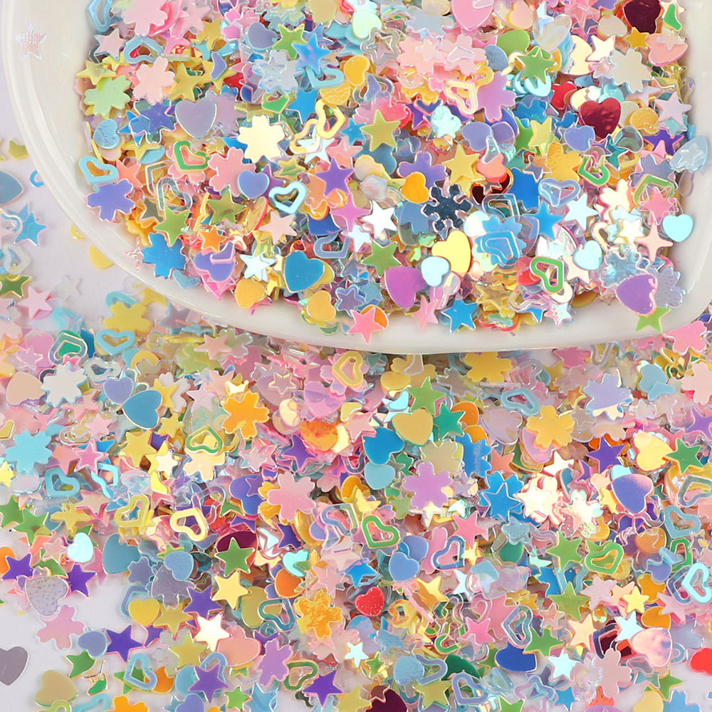 Nueva manicura de lentejuelas mixtas, polvo de brillo colorido, ropa de belleza hecha a mano, sombrero, estrellas de luna, lentejuelas de ensueño