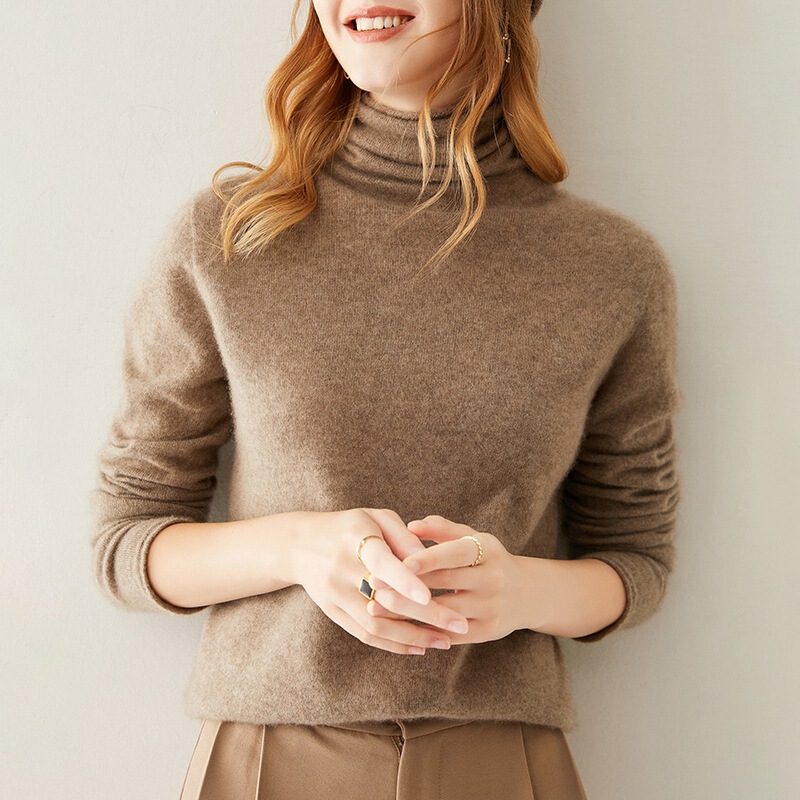100% Pure Cashmere Sweater Women's Sweater Autumn and Winter New Piled High Collar Inner Curl Line Refleece Knitted Base Shirt