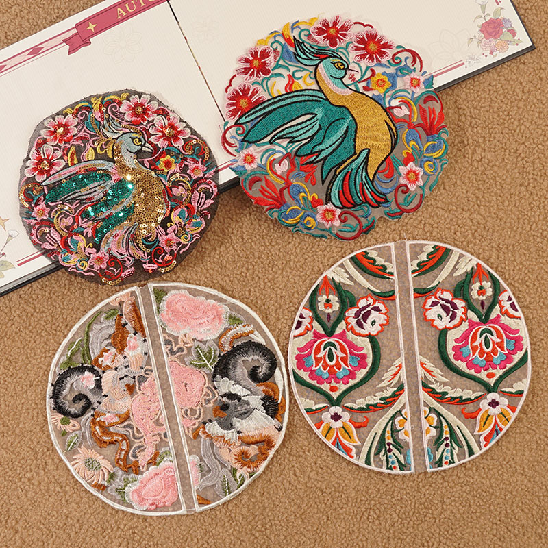 中国风圆形对开补子古风刺绣布贴花朵孔雀时尚补丁贴衣服辅料贴花