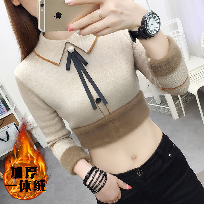 Autumn and winter fleece-lined sweater with doll collar, stylish top for women, thickened warm long-sleeve base shirt for autumn