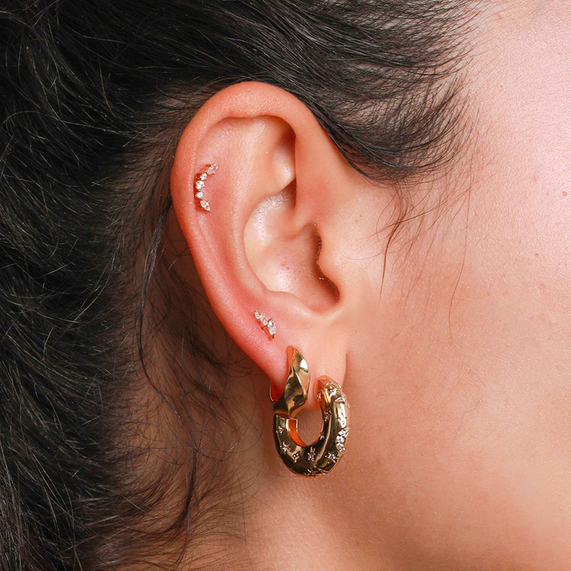 Fashion C Shape Star Copper Ear Studs Gold Plated Rhinestones Copper Earrings