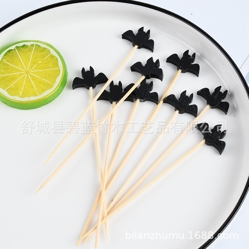 Disponible horquilla de fruta de Halloween dibujos animados palillos de dientes adorables animales palillos de bambú murciélagos bocadillos proveedores de palillos de fruta