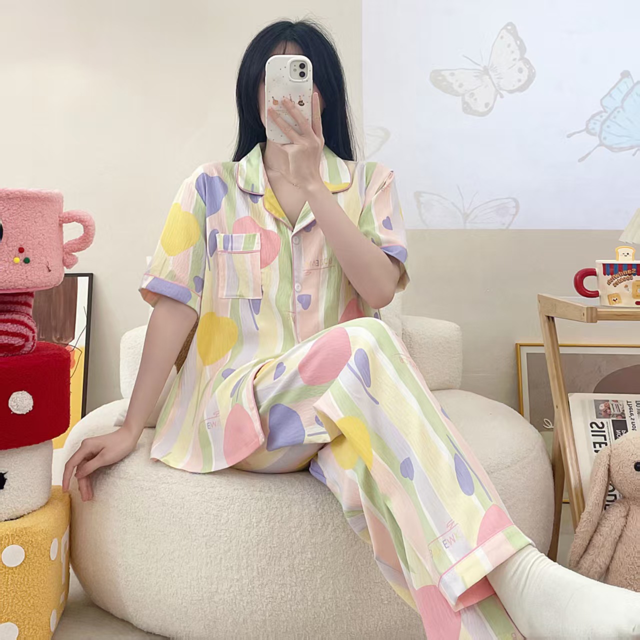 Comercio exterior al por mayor nubes de algodón de manga corta pantalones cardigans con la solapa pijamas de dibujos animados de mujer verano dulce ropa doméstica transfronteriza