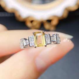 工厂批发爆款天然黄水晶戒指S925银镶嵌主石4*6热销欧美一件代发